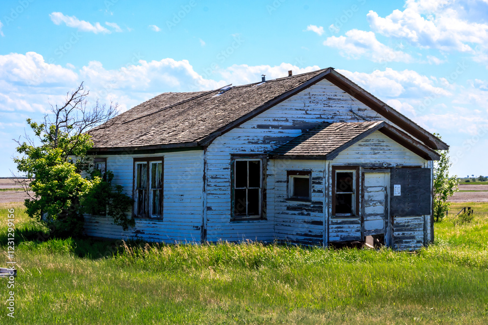 Obraz premium A small, old house with a lot of windows sits in a grassy field