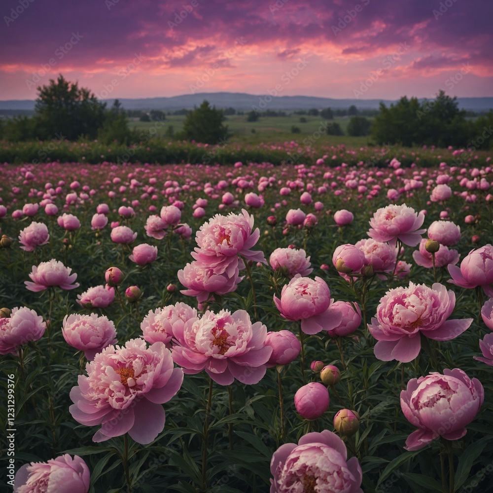 A field of pink peonies under a dreamy purple sky. A field of pink peonies under a dreamy purple sky.