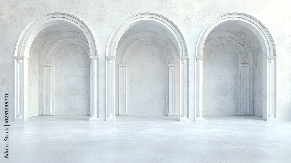 Fototapeta premium Three arched doorways in a white room; interior design