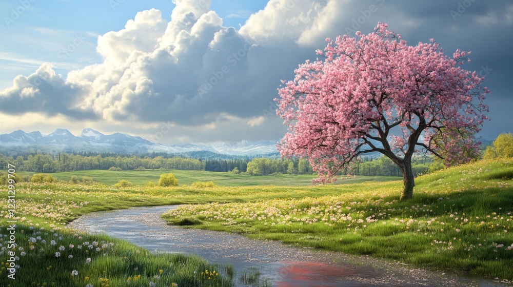 Pink Blossom Tree in Spring Meadow Landscape