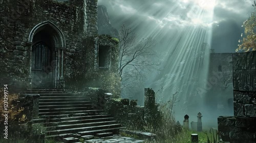 Sunbeams illuminate a mystical, overgrown stone ruin with a weathered door and steps, hinting at a forgotten past.