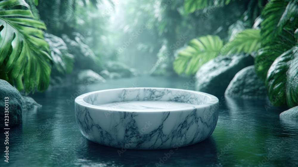 Serene Marble Bowl Surrounded by Lush Tropical Greenery Serene Marble Bowl Surrounded by Lush Tropical Greenery