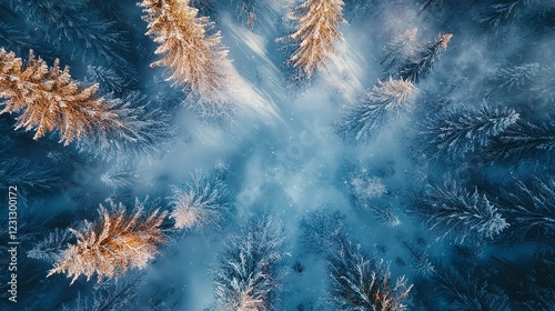 Aerial View of a Winter Forest with Pine Trees Covered in Snow