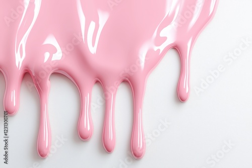 Pink liquid drops of paint color flow down on white canvas. Abstract art. Light pink paint dripping on the white wall with copy space. photo