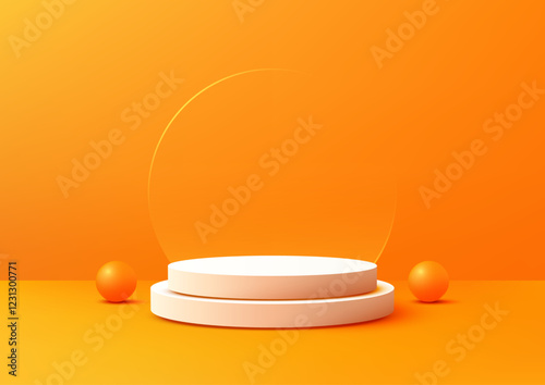 3D White Two Tiered Podium with Vibrant Orange Backdrop and Spheres for Product Display and Showcase