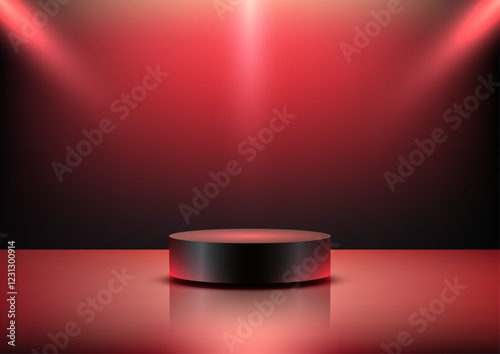 Elegant Black 3D Cylindrical Podium on Reflective Red Surface with Spotlight Glow for Product Display and Mockups