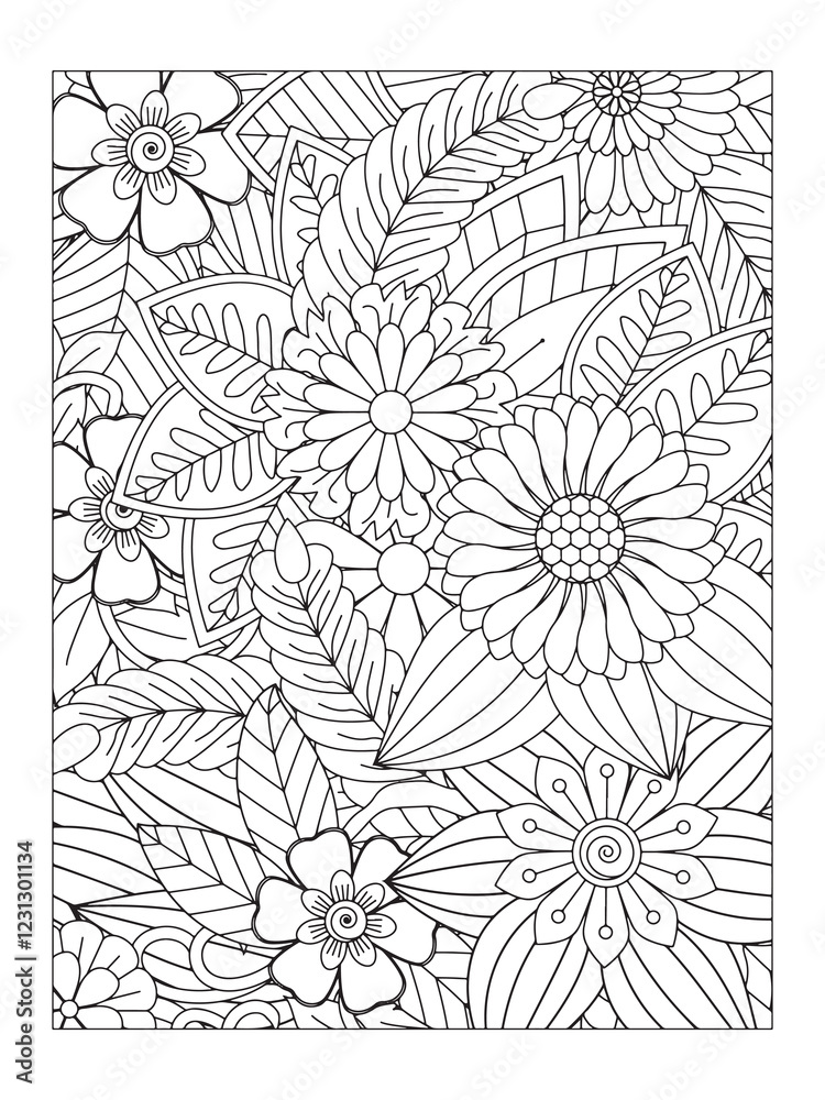 Obraz premium Flower pattern. Vector doodle flowers in black and white. Page adult coloring book. Coloring Flower Page. Books for adults.