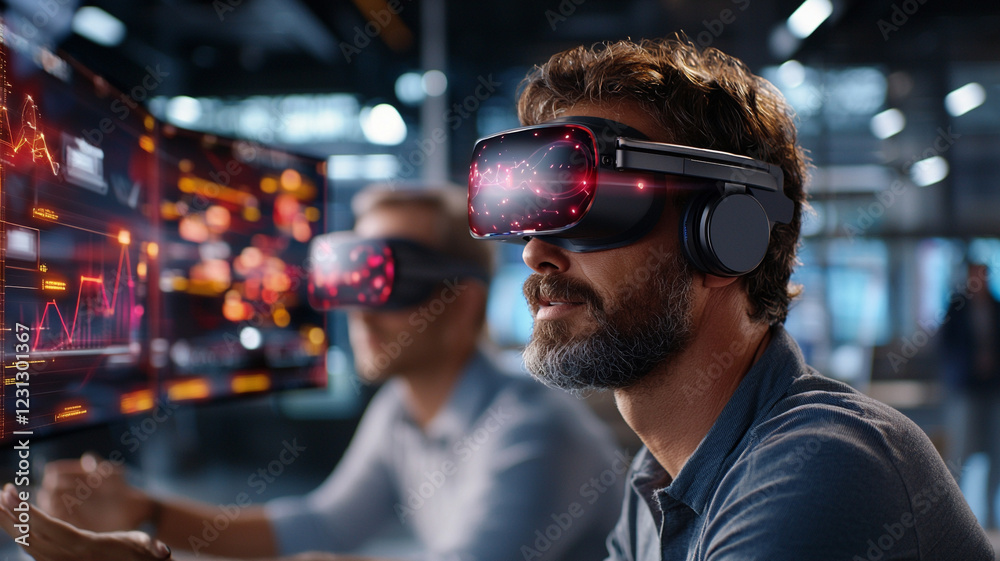Two men collaborate using virtual reality headsets, immersed in a futuristic digital workspace filled with dynamic data visualizations. The scene conveys innovation, technology, and teamwork. Two men collaborate using virtual reality headsets, immersed in a futuristic digital workspace filled with dynamic data visualizations. The scene conveys innovation, technology, and teamwork.
