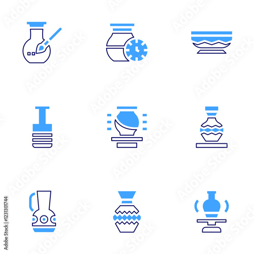 Pottery icon set. Bold line style. Duotone colors. Editable stroke. pottery, ceramics, bottle, jar, vase