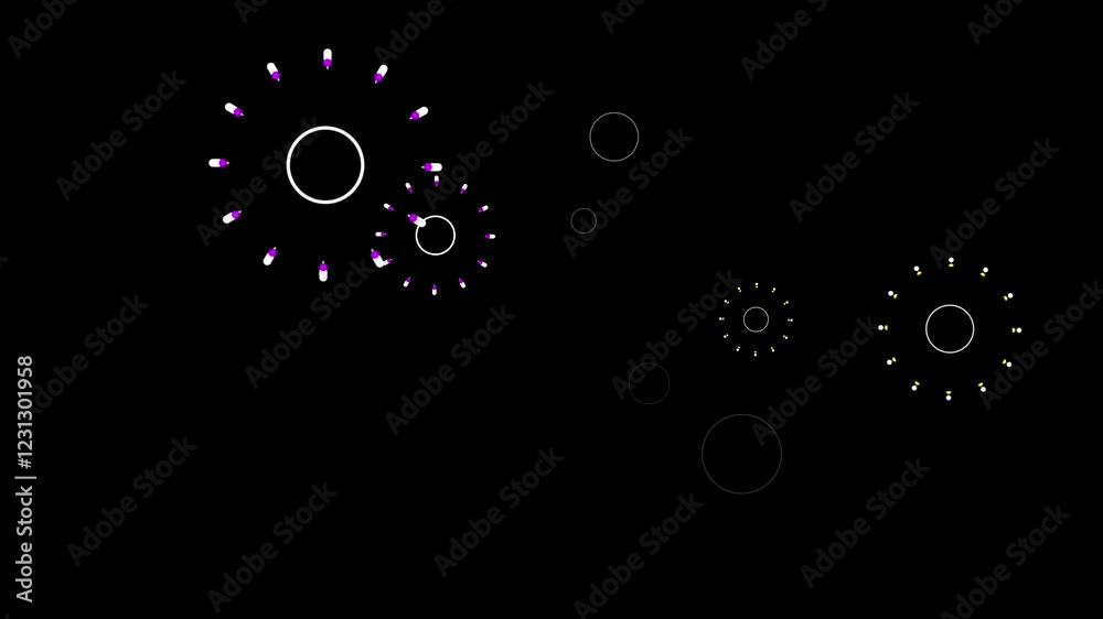 .Pop-up line animation, Circles fireworks explosion line shape blast, ellipse blast black screen animation Circle bursting, Geometric effects . Fast movement of modern fireworks explosion. 4K title