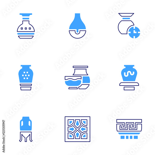 Pottery icon set. Bold line style. Duotone colors. Editable stroke. vase, ceramics, pottery, wall, bowl, time