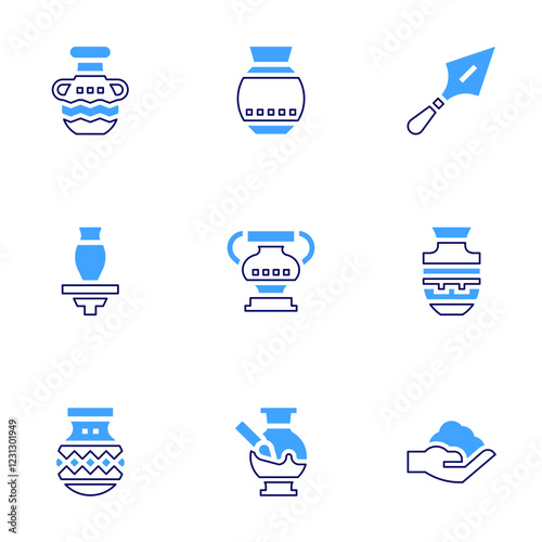 Pottery icon set. Bold line style. Duotone colors. Editable stroke. tool, pot, pottery, ceramic, vase, clay, amphora, vessel