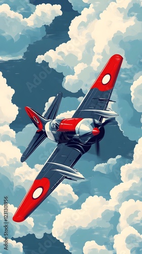 Vintage Retro of Patriotic Fighter Jet Aircraft with Cloud Pattern Background