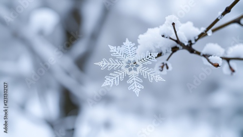 Snowflake is on a branch. The branch is covered in snow. The snowflake is white
