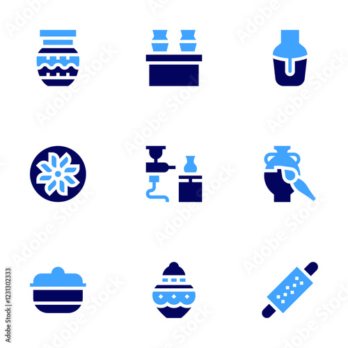 Pottery icon set. Bold style. Duotone colors. spray, clay, rolling, jar, earthenware, pottery, vase