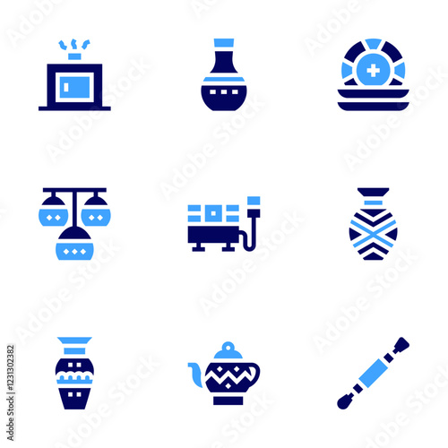 Pottery icon set. Bold style. Duotone colors. stove, plates, vase, chandeliers, electric, teapot, tool