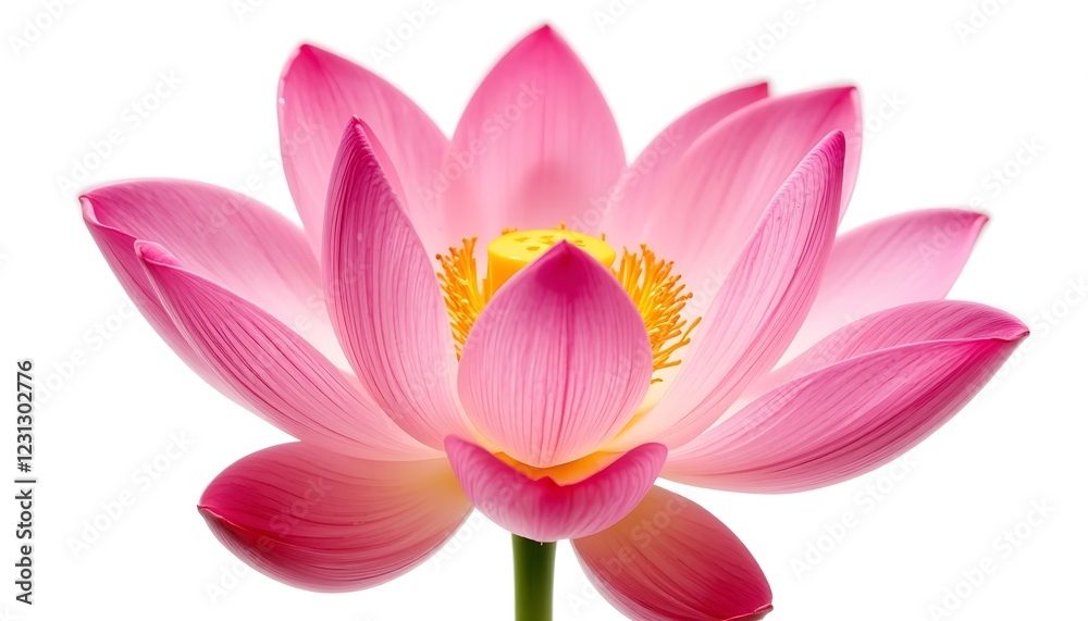 Stunning Close-Up of a Pink Lotus Flower with Delicate Petals and Vibrant Yellow Stamen, Isolated on White Background