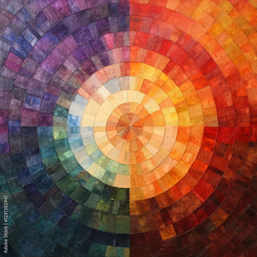 Colorful abstract art featuring a circular design with geometric patterns in a spectrum of vibrant colors. Colorful abstract art featuring a circular design with geometric patterns in a spectrum of vibrant colors.