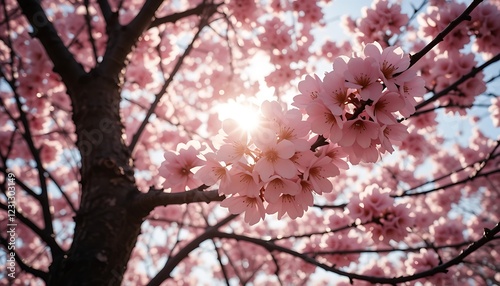 Stunning Close-Up of Pink Cherry Blossoms in Full Bloom, Sun Shining Through Petals, Springtime Beauty in Nature