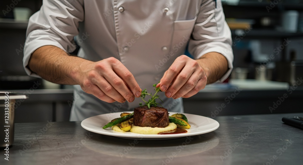 Chef Preparing Gourmet Filet Mignon Dish Chef Preparing Gourmet Filet Mignon Dish