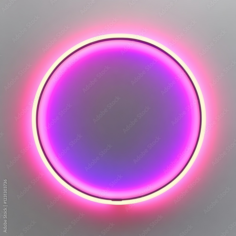 Obraz premium A glowing neon circle light on a minimalist wall, emitting vibrant pink and purple hues, perfect for modern and futuristic design themes.