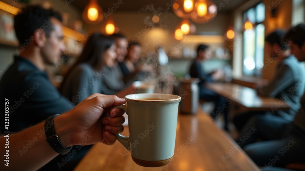 A hand serves coffee in a handmade ceramic mug in a chic café with copper accents. The contemporary décor and cozy atmosphere create a perfect blend of modernity and comfort. A hand serves coffee in a handmade ceramic mug in a chic café with copper accents. The contemporary décor and cozy atmosphere create a perfect blend of modernity and comfort.