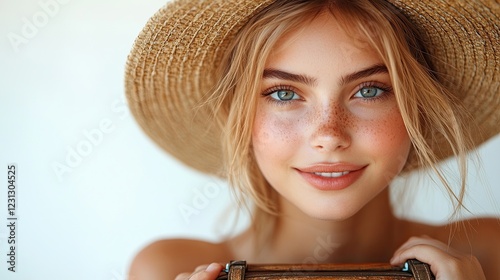 Portrait of a young woman with freckles wearing a straw hat and smiling.