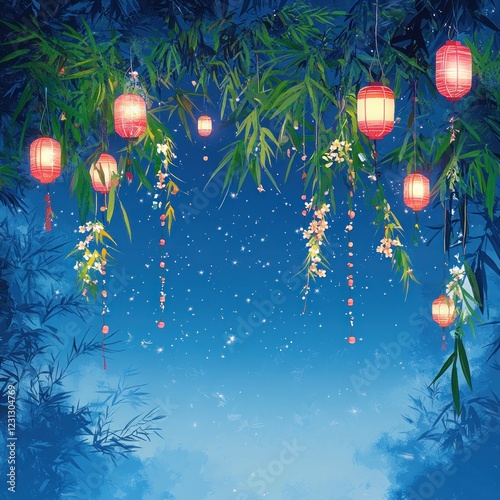 Tanabata Festival Bamboo Lanterns Illustration Colorful Night Sky Stars photo