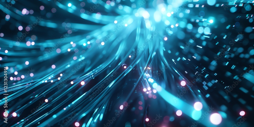 Naklejka premium High-speed data transfer with neon blue fiber optic cables in a secure server environment. Modern tech aesthetic with professional lighting, space for text. Stock photo