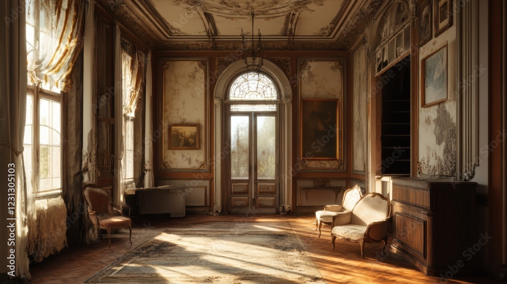 Sunlit Grandeur Exploring a Derelict Mansion's Elegant Interior
