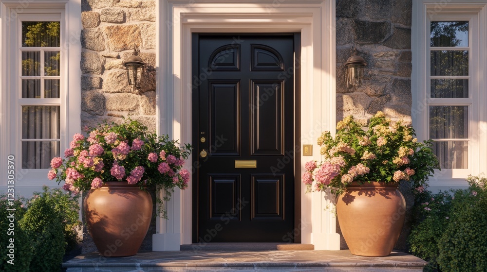 Naklejka premium 5.A timeless townhouse entrance highlighted by a striking black door set against pale stone walls. The door is flanked by white sash windows with intricate molding, while large earthenware pots