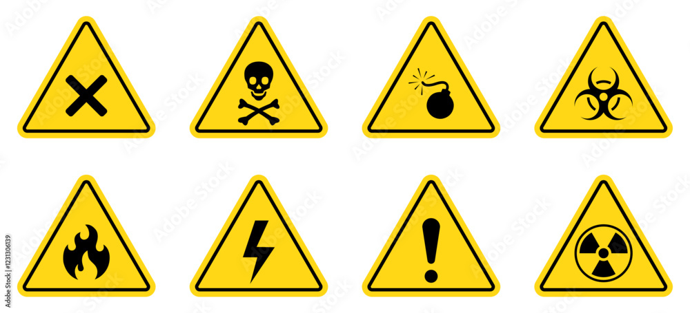 Set of danger, warning sign symbol. Poison, toxic, biohazard caution sign vector icons. Skull, chemical danger yellow triangle symbol element. Flat design. Vector illustration Set of danger, warning sign symbol. Poison, toxic, biohazard caution sign vector icons. Skull, chemical danger yellow triangle symbol element. Flat design. Vector illustration