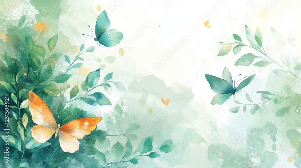 33.A vibrant and calming watercolor design with abstract foliage and flying butterflies. The natural elements are painted in a soft, fluid style, with rich green leaves and pastel butterfly wings 33.A vibrant and calming watercolor design with abstract foliage and flying butterflies. The natural elements are painted in a soft, fluid style, with rich green leaves and pastel butterfly wings
