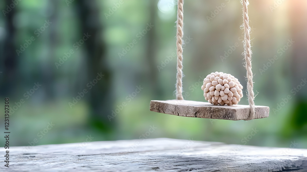 Miniature swing with sphere in forest, peaceful scene Miniature swing with sphere in forest, peaceful scene