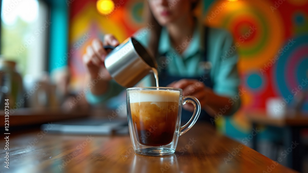 A hand pours a latte into a glass cup in an artistic café with colorful murals, creating a beautiful contrast of espresso and steamed milk. The café exudes a creative, artistic atmosphere. A hand pours a latte into a glass cup in an artistic café with colorful murals, creating a beautiful contrast of espresso and steamed milk. The café exudes a creative, artistic atmosphere.