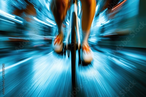 Spinning bike pedals in a high-energy indoor cycling class, with intense lighting and motion blur highlighting the speed and rhythm of the workout