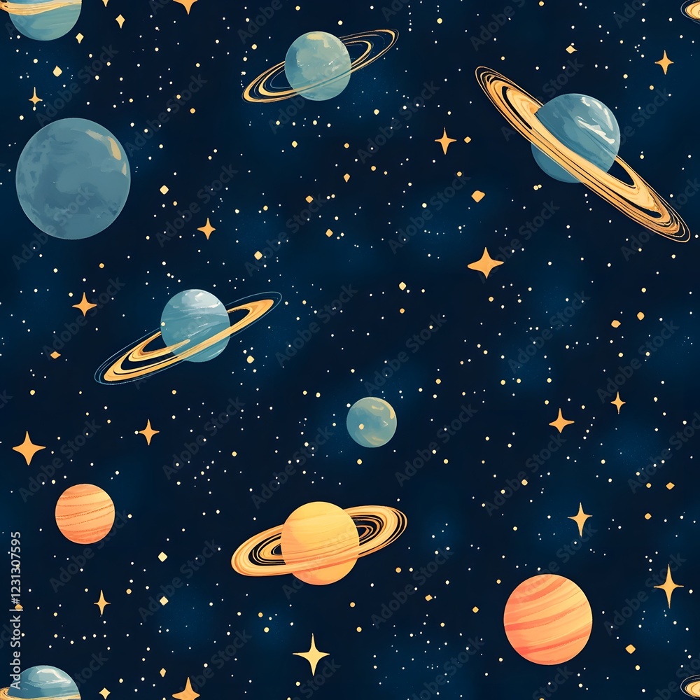 Seamless Vibrant Cosmic Pattern with Planets Stars Comets and Galaxies in the Deep Endless Space Seamless Vibrant Cosmic Pattern with Planets Stars Comets and Galaxies in the Deep Endless Space