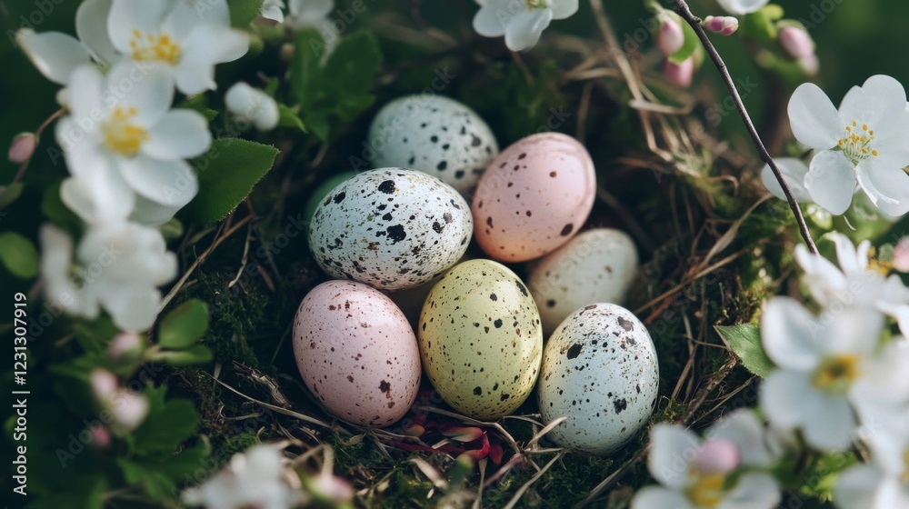 Pastel Speckled Bird Eggs in Nest Surrounded by White Blossoms Pastel Speckled Bird Eggs in Nest Surrounded by White Blossoms