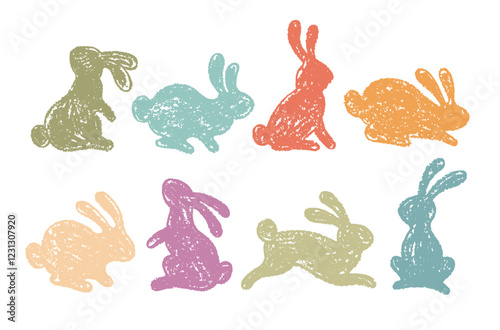 Easter bunny silhouette. Crayon rabbit icon. Vector hare animal, cute kid chalk illustration isolated on white background. Happy Easter color crayon pastel bunny set. Cute rabbit shape. Child scribble