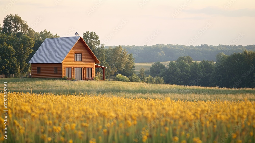 Charming Small House Nestled in Vibrant Field of Bright Yellow Flowers Surrounded by Lush Green Grass Under Clear Blue Sky Creating a Peaceful and Idyllic Rural Scene in Nature Charming Small House Nestled in Vibrant Field of Bright Yellow Flowers Surrounded by Lush Green Grass Under Clear Blue Sky Creating a Peaceful and Idyllic Rural Scene in Nature
