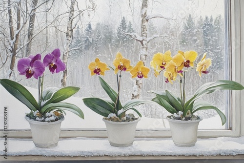 Wallpaper Mural Three potted orchids in vibrant purple and yellow blooms on snowy windowsill. Torontodigital.ca