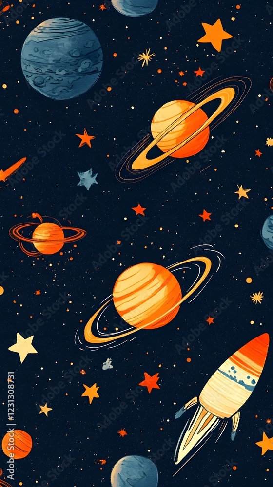 Naklejka premium Vibrant Cosmic Seamless Pattern with Planets Stars and Spaceships in Outer Space Background