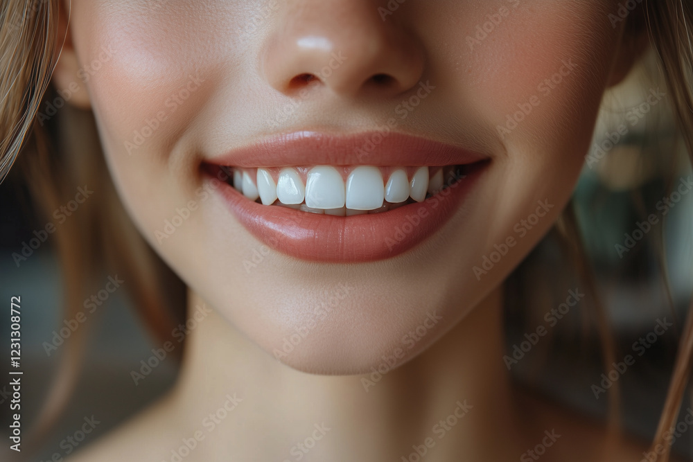 Obraz premium close up of smiling mouth showcasing healthy, white teeth and soft lips, radiating joy and confidence. image captures essence of bright smile