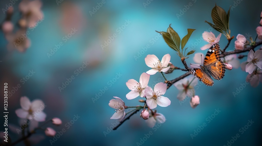 63.A tranquil spring scene featuring delicate cherry blossoms against a backdrop of vivid blue sky. The branches are dotted with soft pink flowers, while a butterfly delicately lands on one of the 63.A tranquil spring scene featuring delicate cherry blossoms against a backdrop of vivid blue sky. The branches are dotted with soft pink flowers, while a butterfly delicately lands on one of the