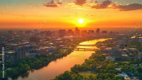Richmond Virginia Aerial View Vibrant City Skyline Sunset Impressionist Style