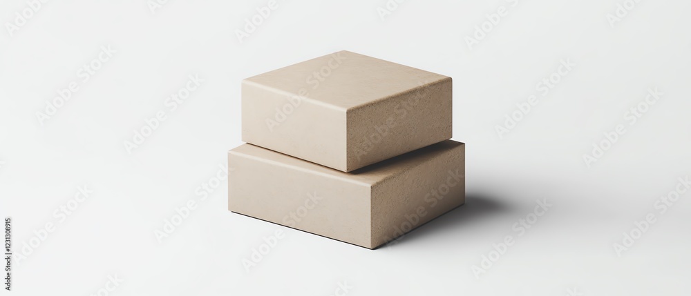 Minimalist cardboard boxes stacked on a clean white background. Minimalist cardboard boxes stacked on a clean white background.