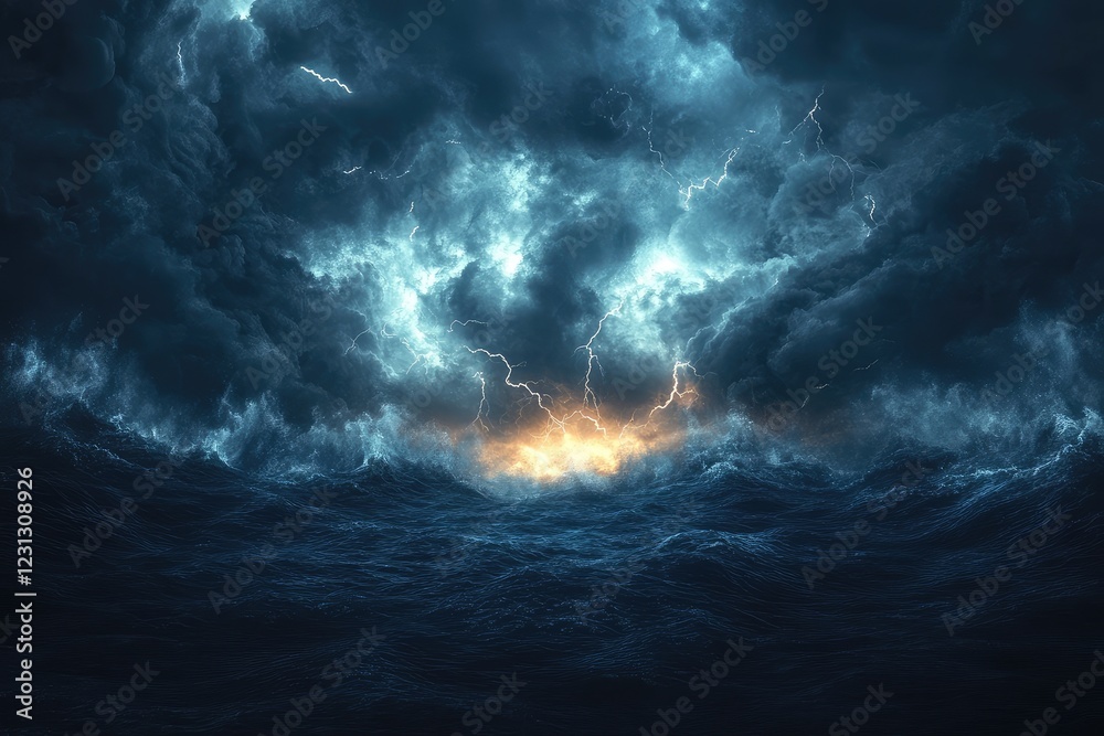 Storm clouds gather over a turbulent sea with lightning illuminating the dark sky, creating a dramatic and intense seascape filled with energy and power Storm clouds gather over a turbulent sea with lightning illuminating the dark sky, creating a dramatic and intense seascape filled with energy and power