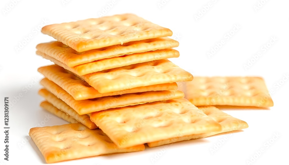 stacked pile of crispy saltine crackers on white background stacked pile of crispy saltine crackers on white background