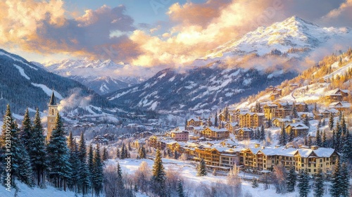 Winter Village in Mountains Impressionist Landscape Aerial View photo