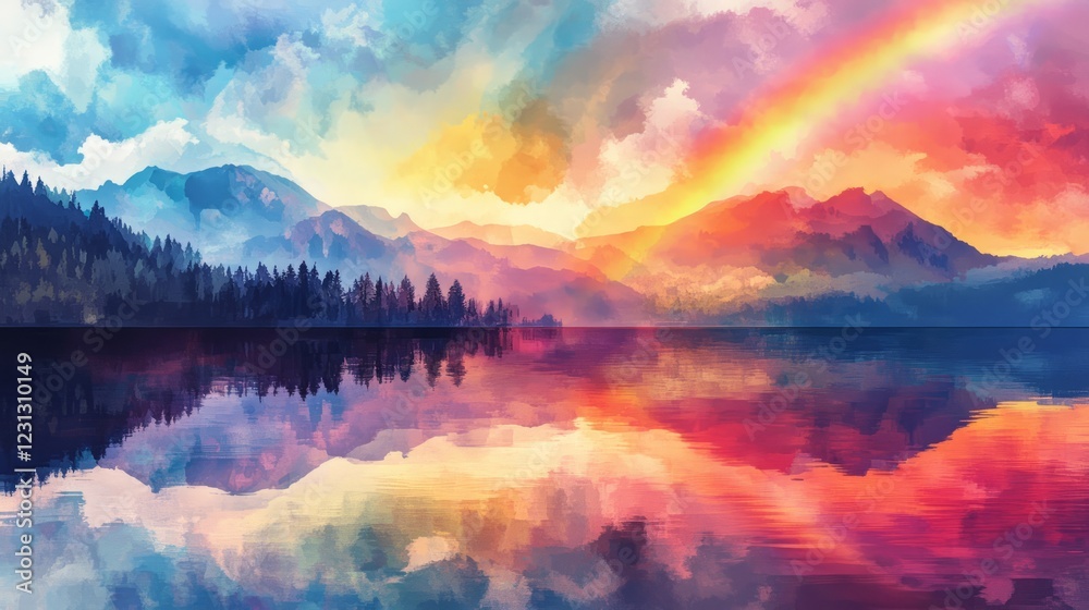 Fototapeta premium Stunning landscape of a rainbow arching over a tranquil mountain lake, reflecting vibrant sunset hues in the water.